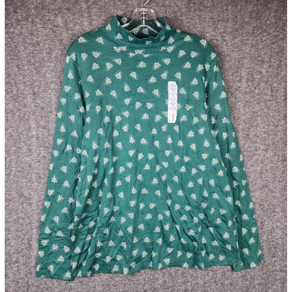 Croft & Barrow Mock Neck Top Womens XXL Green Christmas Tree Long Sleeve NWT